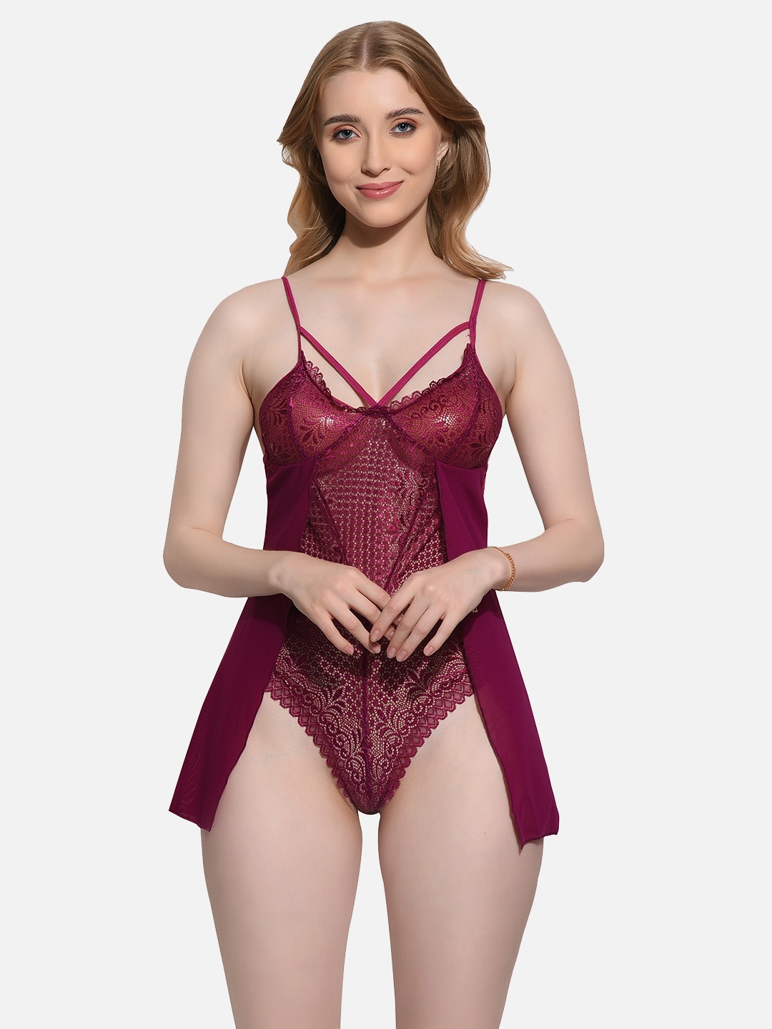 

FIMS Floral Lace Baby Doll, Maroon