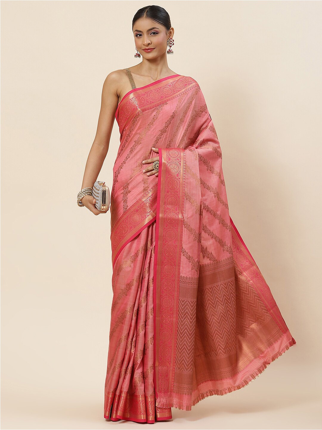 

Meena Bazaar Ethnic Motif Zari Art Silk Saree With Blouse Piece, Pink