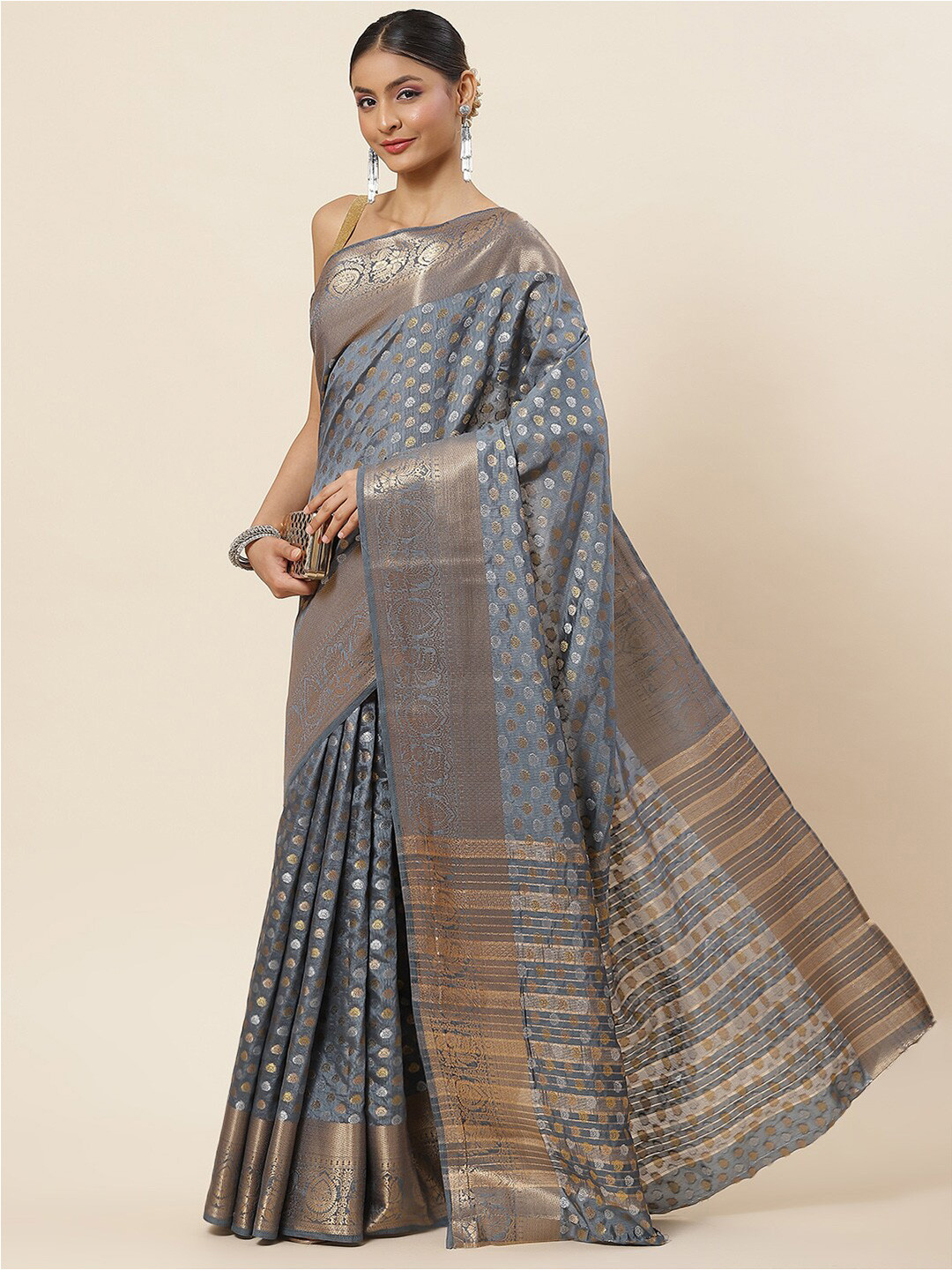 

Meena Bazaar Ethnic Motif Zari Art Silk Saree With Blouse Piece, Grey
