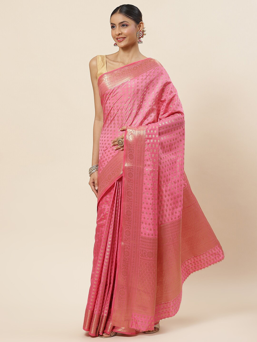 

Meena Bazaar Ethnic Motif Zari Art Silk Saree With Blouse Piece, Pink