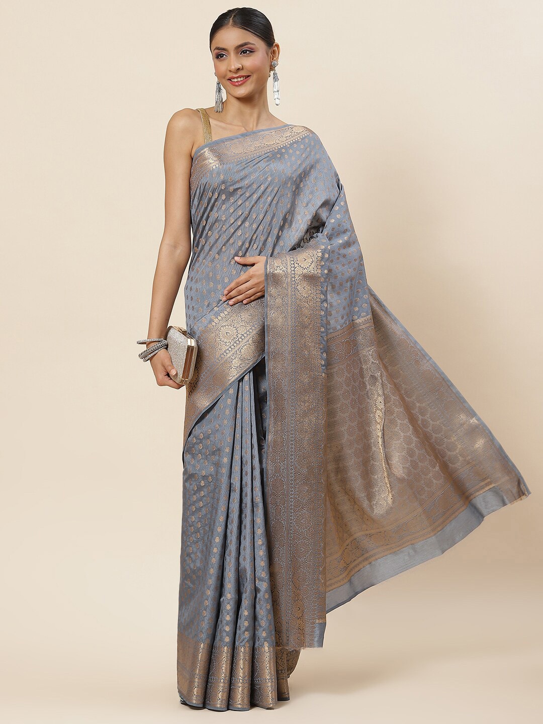 

Meena Bazaar Ethnic Motif Zari Art Silk Saree With Blouse Piece, Grey
