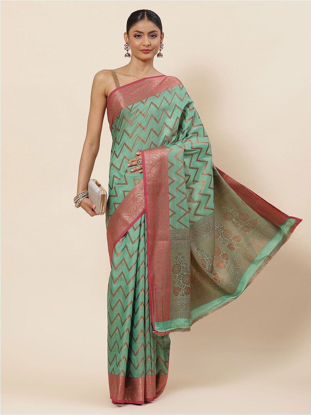 

Meena Bazaar Ethnic Motif Zari Art Silk Saree With Blouse Piece, Green