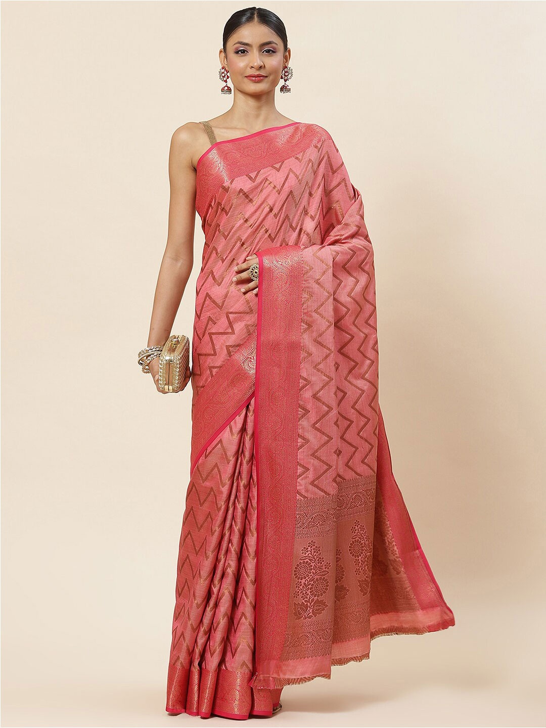 

Meena Bazaar Ethnic Motif Zari Art Silk Saree With Blouse Piece, Pink