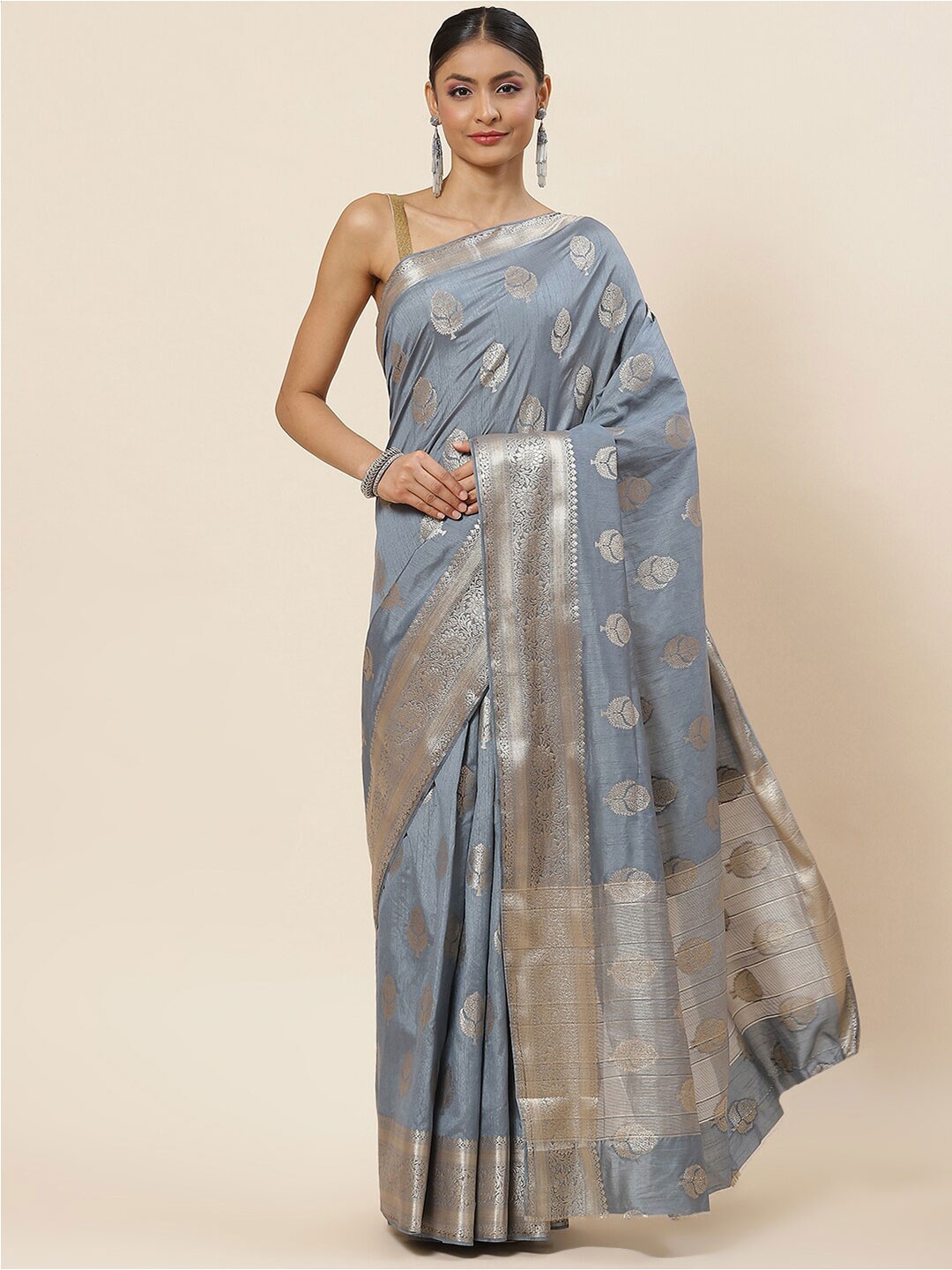 

Meena Bazaar Ethnic Motif Zari Art Silk Saree With Blouse Piece, Grey