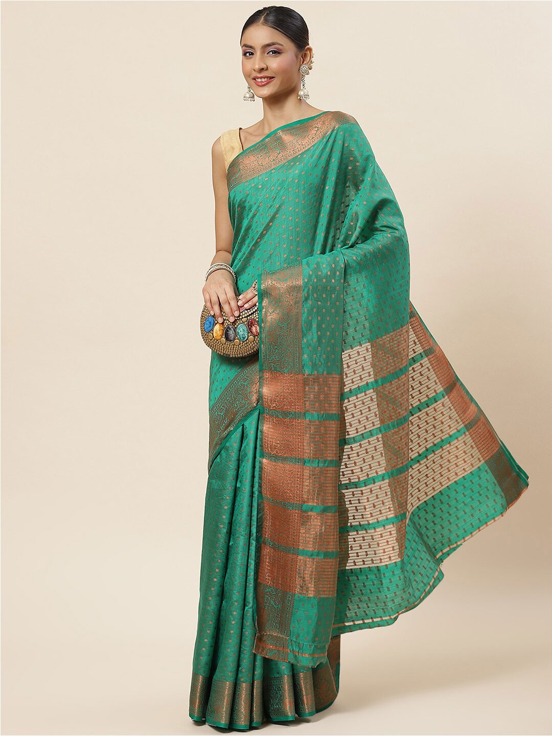 

Meena Bazaar Ethnic Motif Zari Art Silk Saree With Blouse Piece, Green