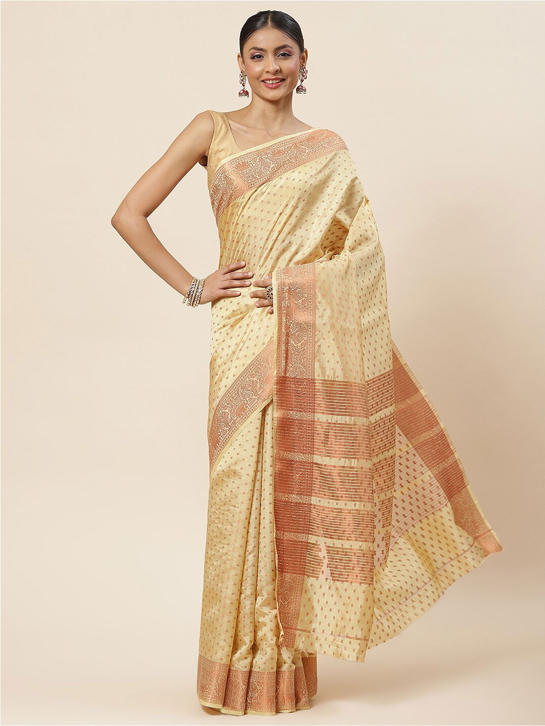 

Meena Bazaar Ethnic Motif Zari Art Silk Saree With Blouse Piece, Beige