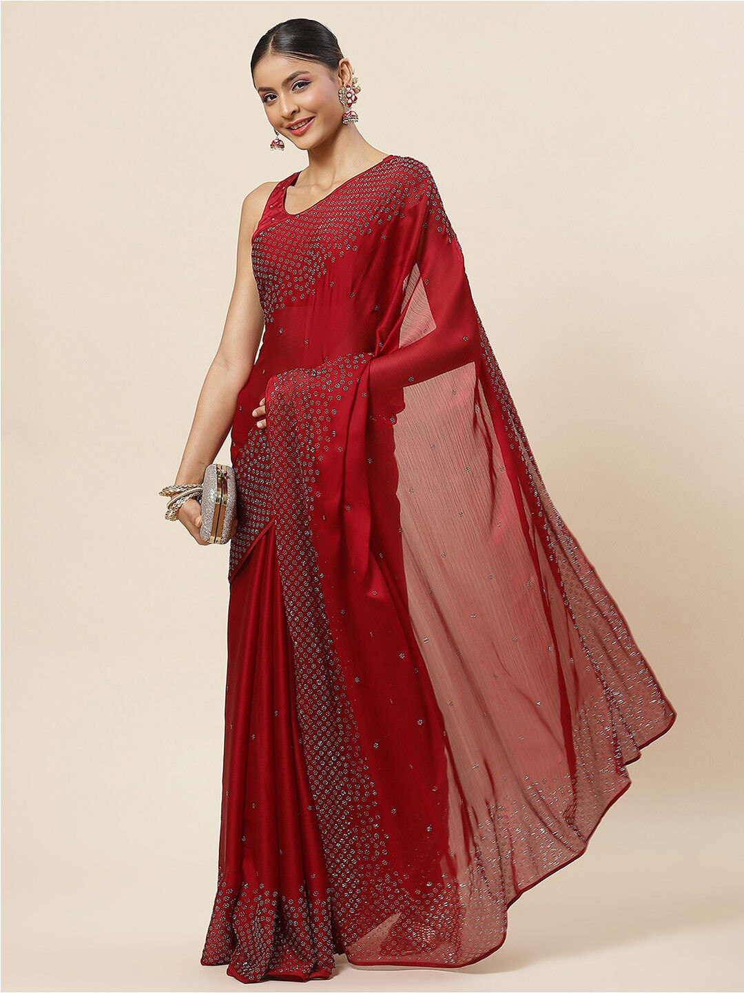 

Meena Bazaar Embellished Stone Work Poly Crepe Saree With Blouse Piece, Red