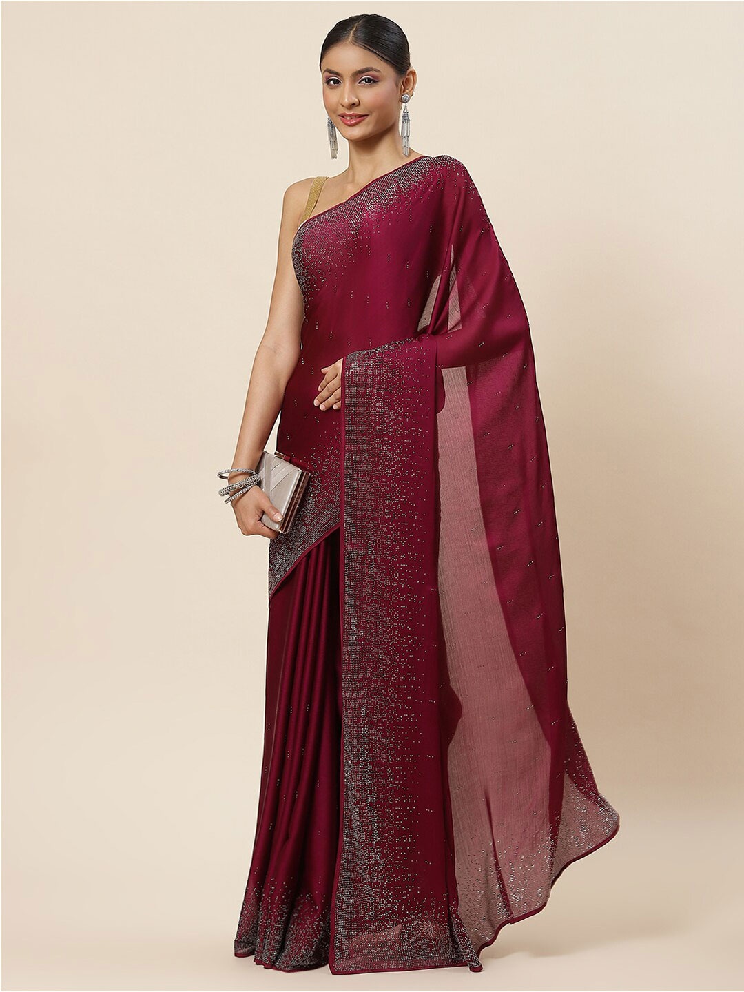 

Meena Bazaar Embellished Stone Work Poly Crepe Saree With Blouse Piece, Burgundy
