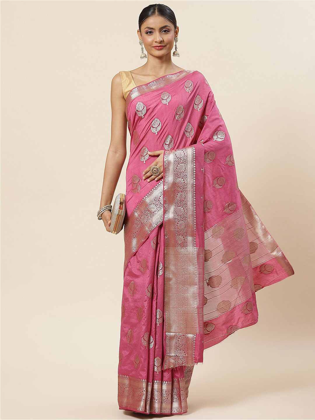 

Meena Bazaar Floral Zari Art Silk Saree With Blouse Piece, Pink