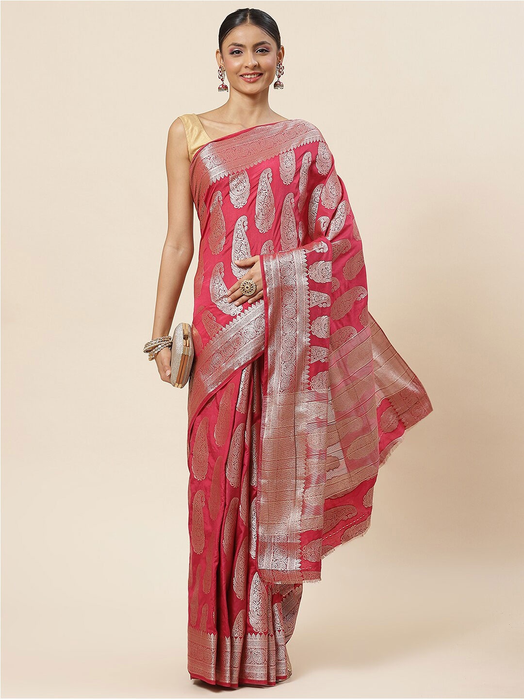 

Meena Bazaar Paisley Zari Art Silk Saree With Blouse Piece, Peach