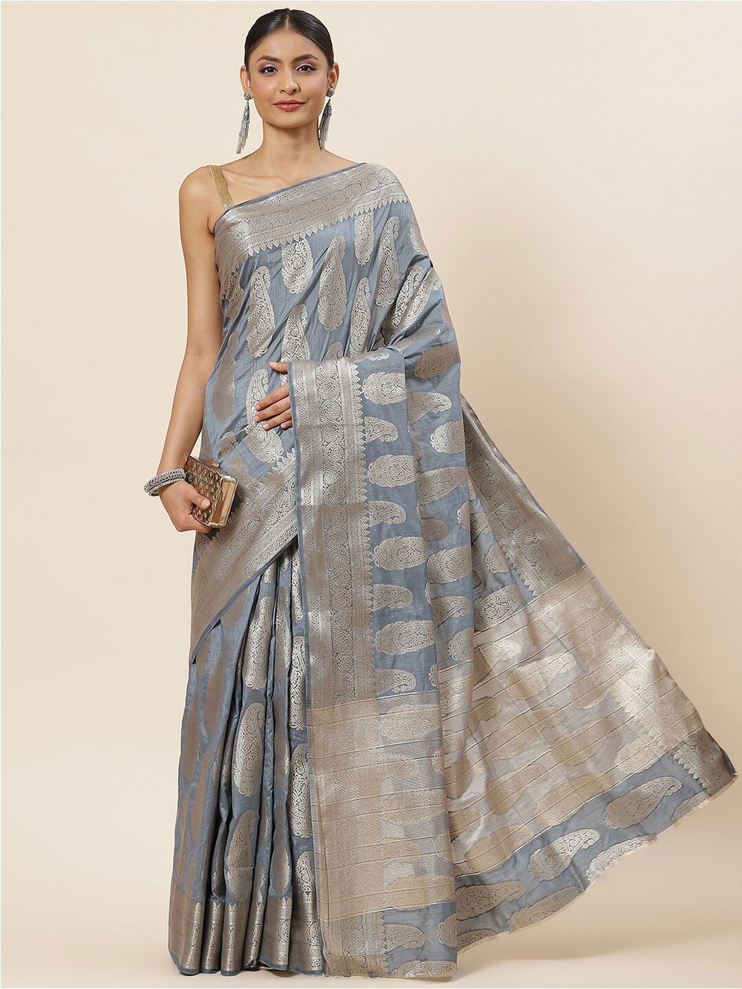 

Meena Bazaar Paisley Zari Art Silk Saree With Blouse Piece, Grey