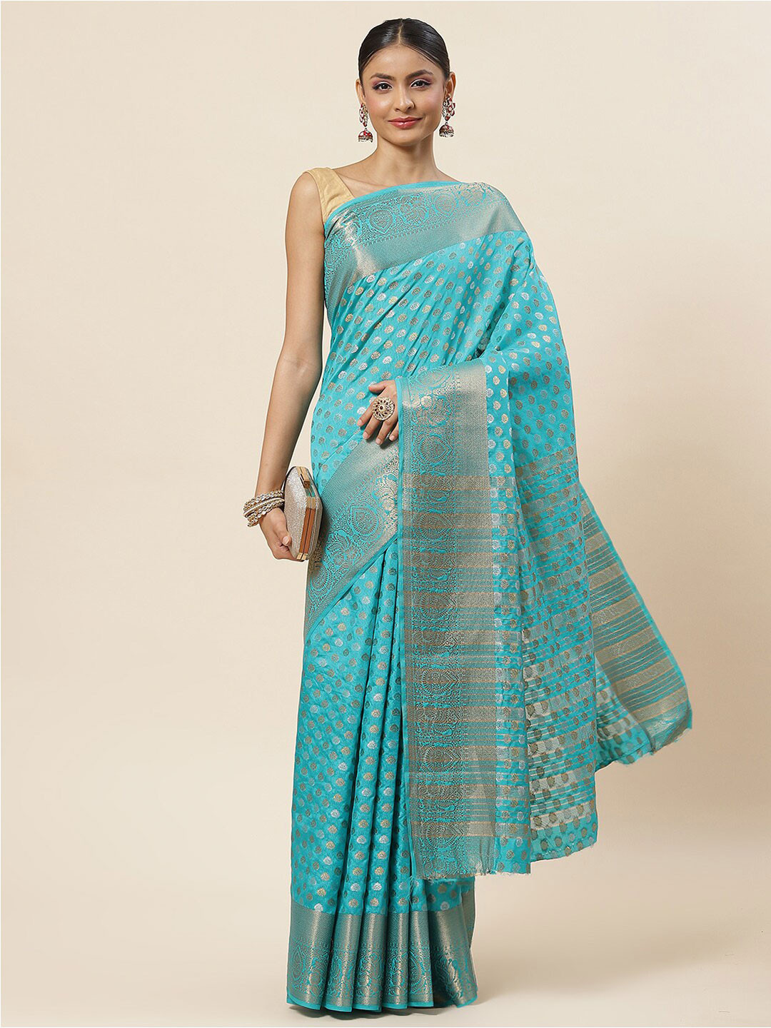 

Meena Bazaar Ethnic Motif Zari Art Silk Saree With Blouse Piece, Blue