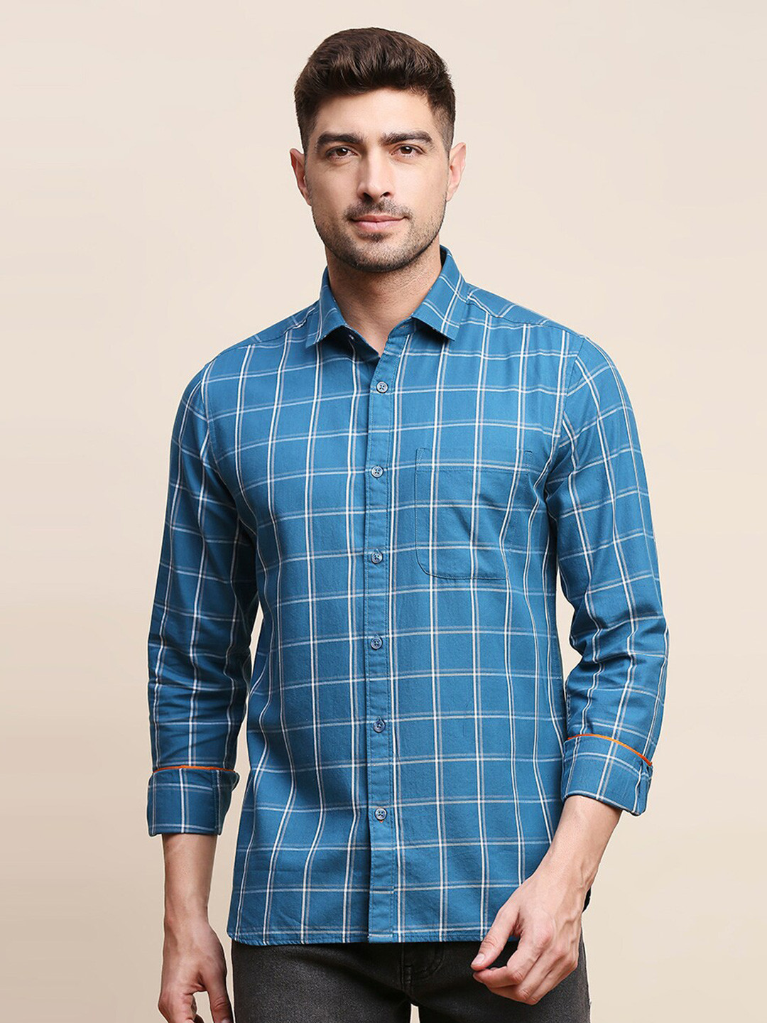 

INVICTUS Original Windowpane Checked Pure Cotton Casual Shirt, Blue