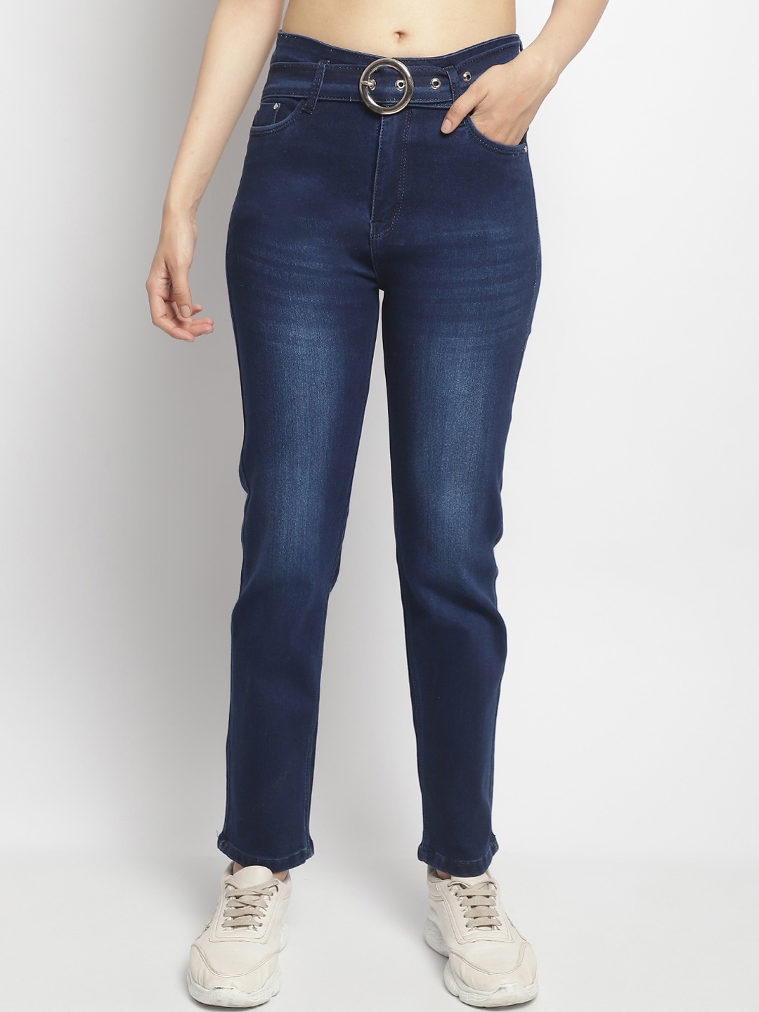 

ELLIS Women Jean Straight Fit Mid-Rise Clean Look Light Fade Stretchable Jeans, Blue