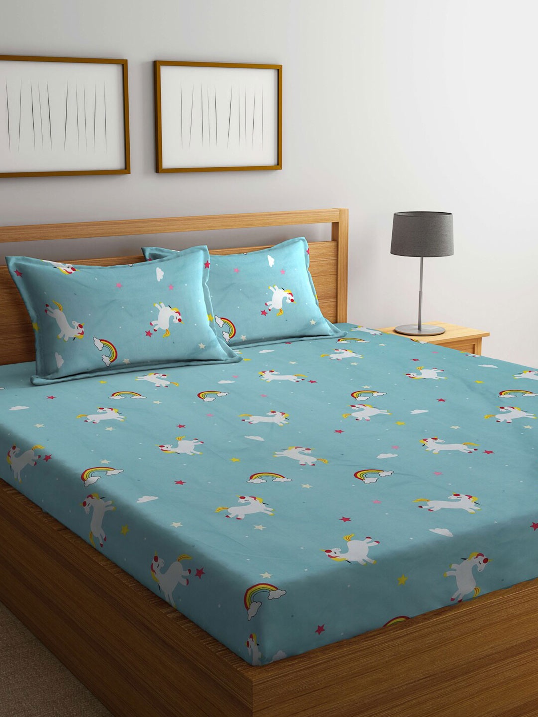 

KLOTTHE Blue & White Conversational 300TC Fitted Double King Bedsheet with 2 Pillow Covers