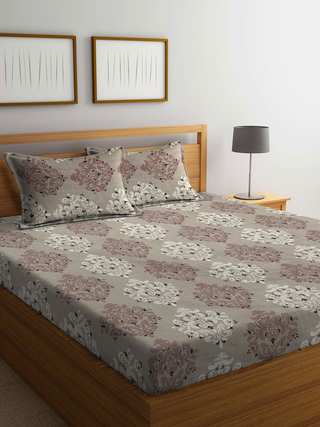 

KLOTTHE Brown & Grey Ethnic Motifs 300TC Fitted Double King Bedsheet with 2 Pillow Covers