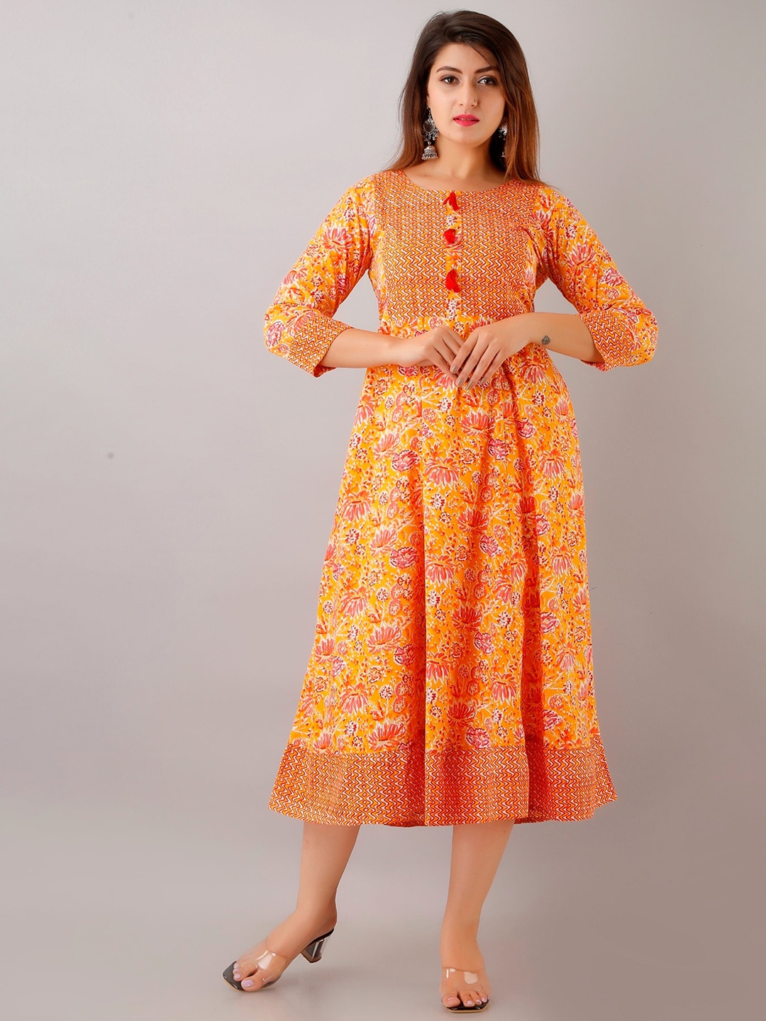 

HERE&NOW Orange Floral Printed Fit And Flare Midi Ethnic Dresses