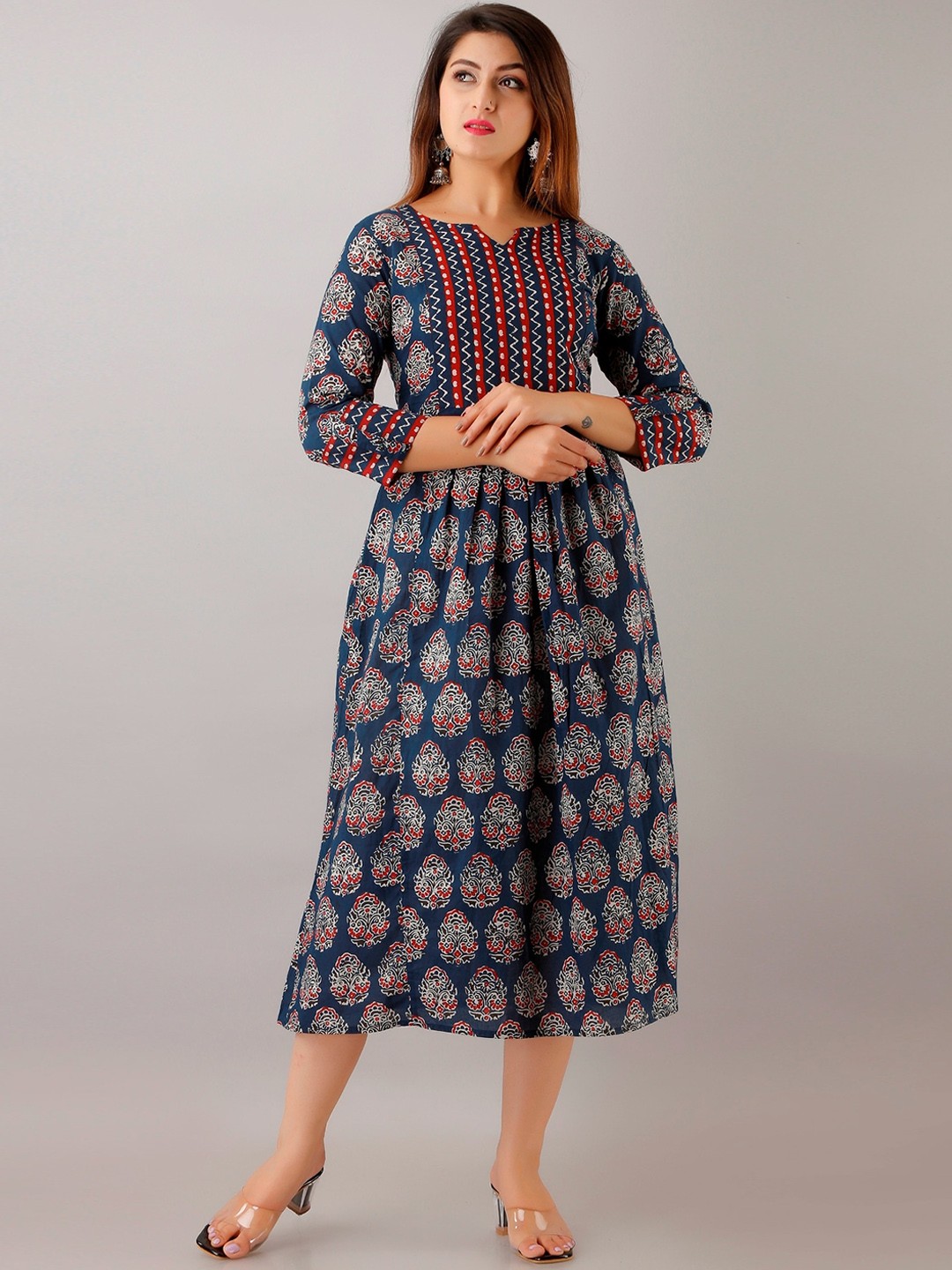 

HERE&NOW Blue Printed A-line Midi Ethnic Dresses