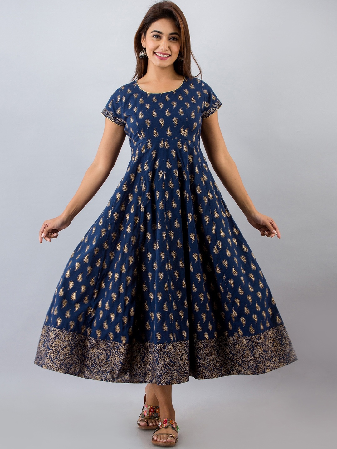 

HERE&NOW Navy Blue Ethnic Motifs Printed Fit And Flare Midi Ethnic Dress