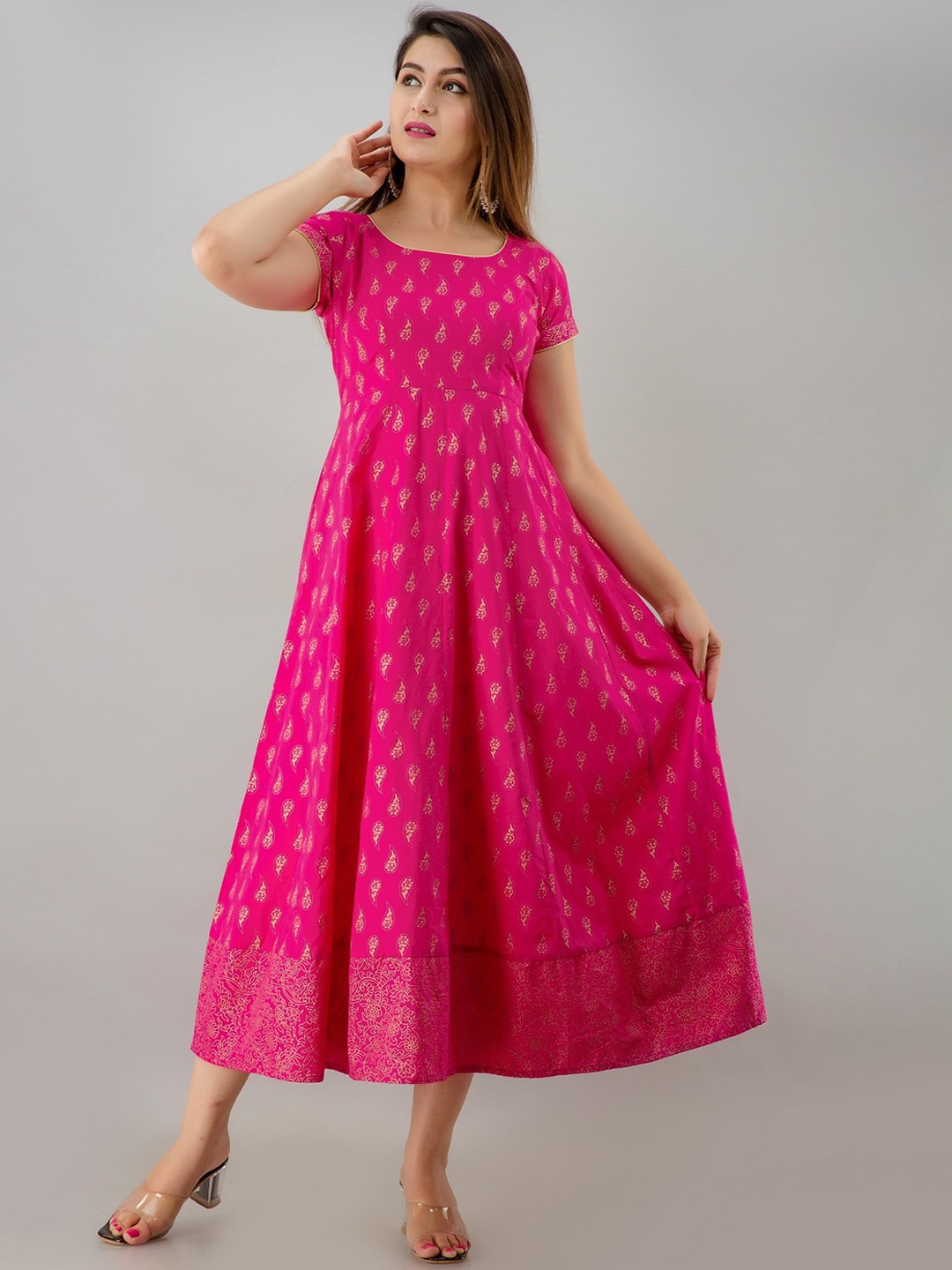 

HERE&NOW Pink Ethnic Motifs Printed Fit And Flare Midi Ethnic Dress