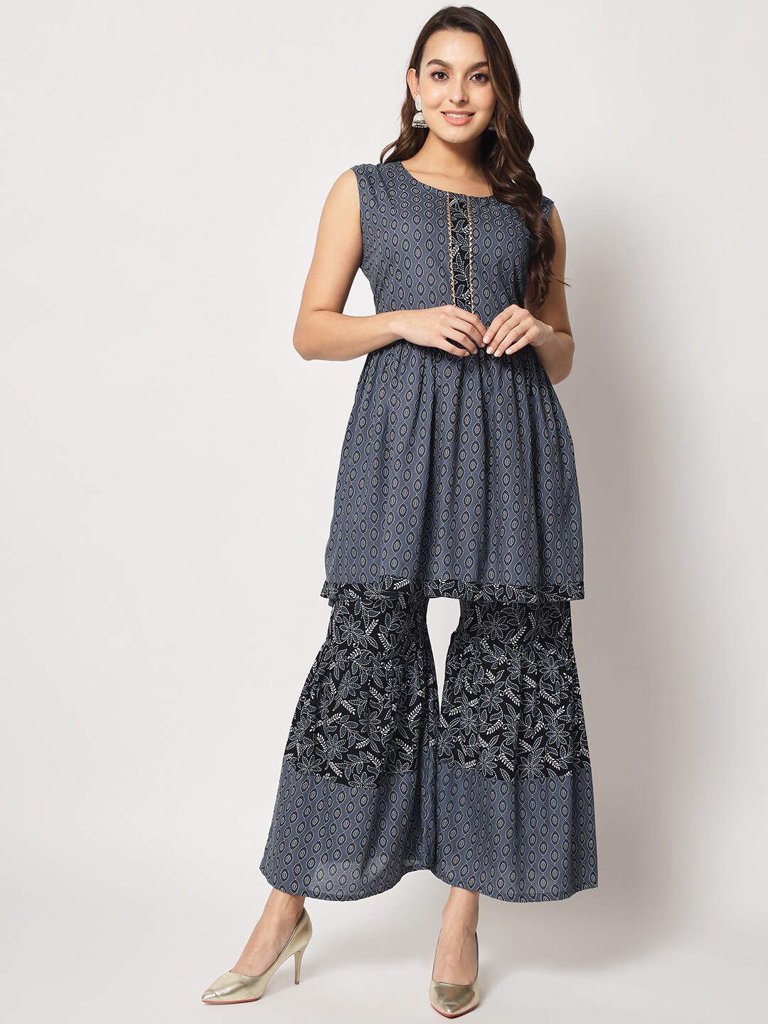 

SURHI Ethnic Motifs Printed A-Line Kurta with Sharara, Grey