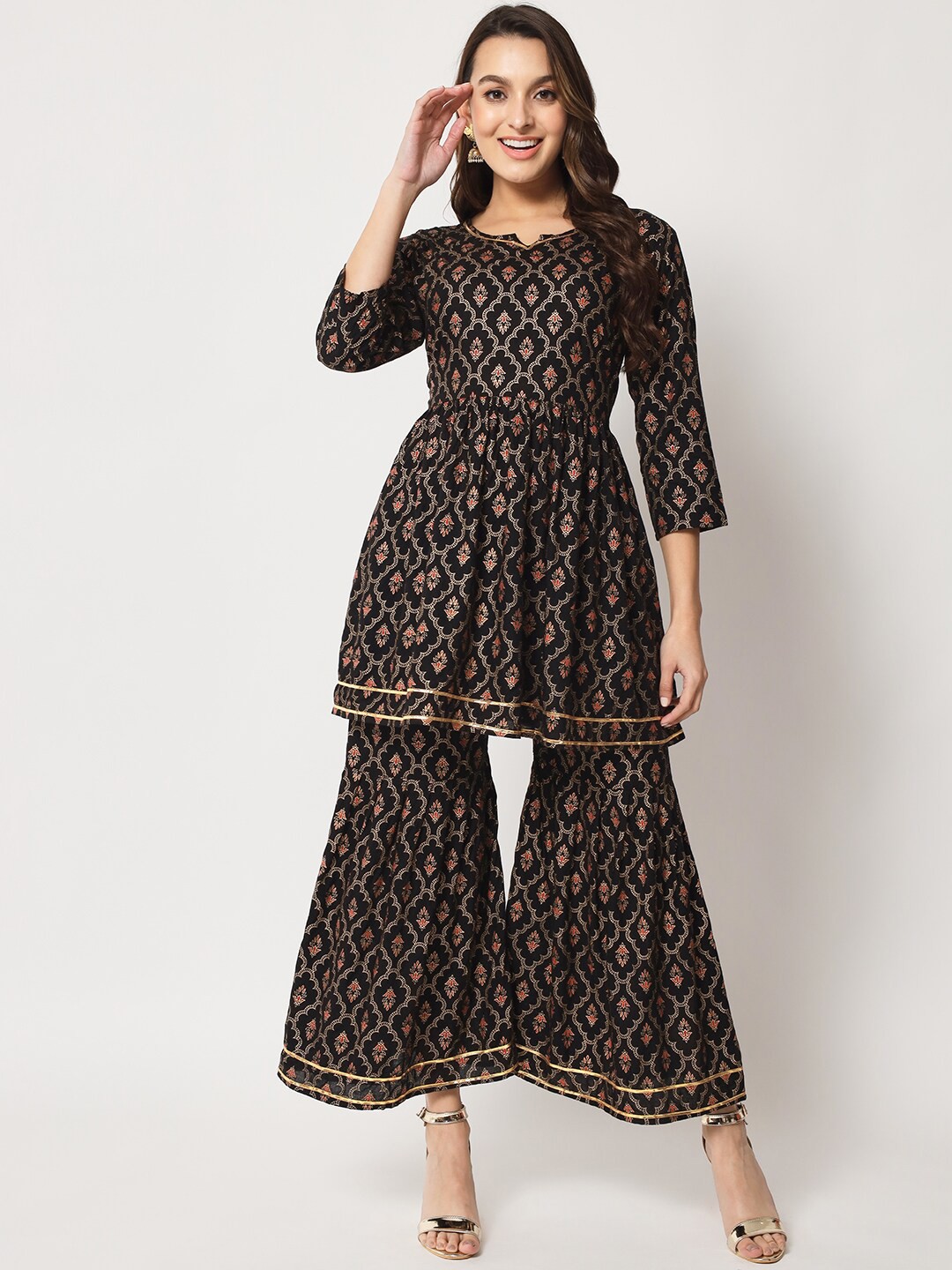 

SURHI Ethnic Motifs Printed Gotta Patti Kurta with Sharara, Black