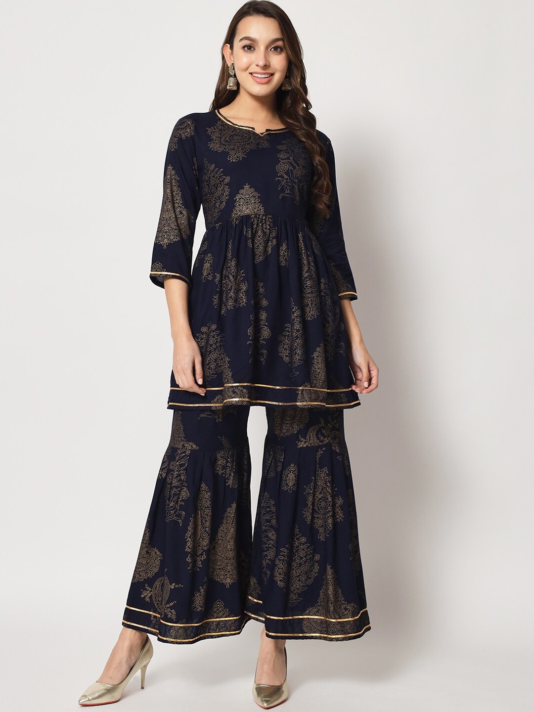 

SURHI Ethnic Motifs Printed Gotta Patti A-Line Kurti with Sharara, Blue