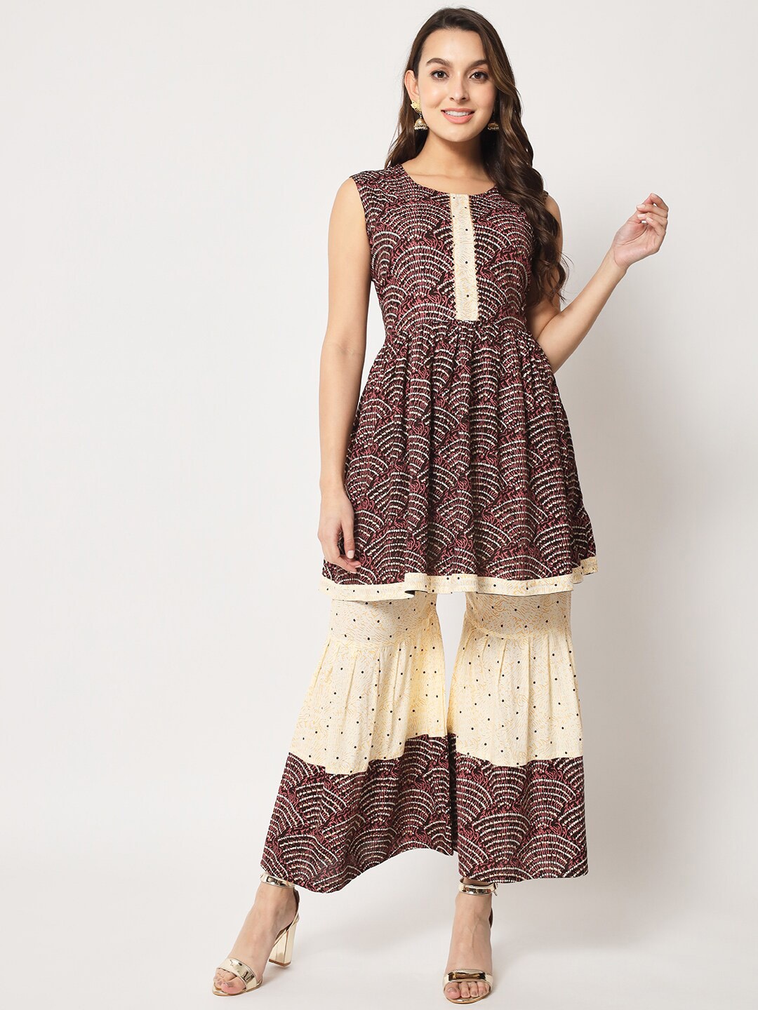 

SURHI Bandhani Printed Regular Kurta With Sharara, Brown