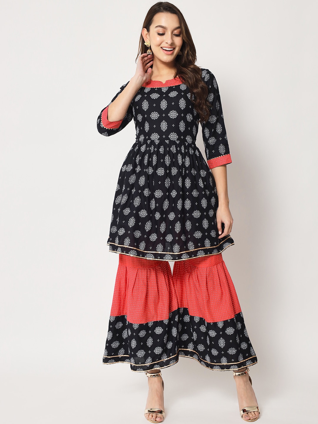 

SURHI Ethnic Motifs Printed Gotta Patti Regular Kurta with Sharara, Black