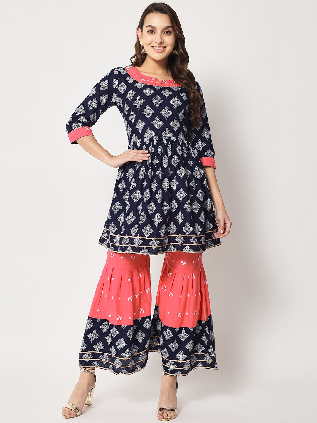 

SURHI Ethnic Motifs Printed Gotta Patti Pleated A-Line Kurti with Sharara, Navy blue