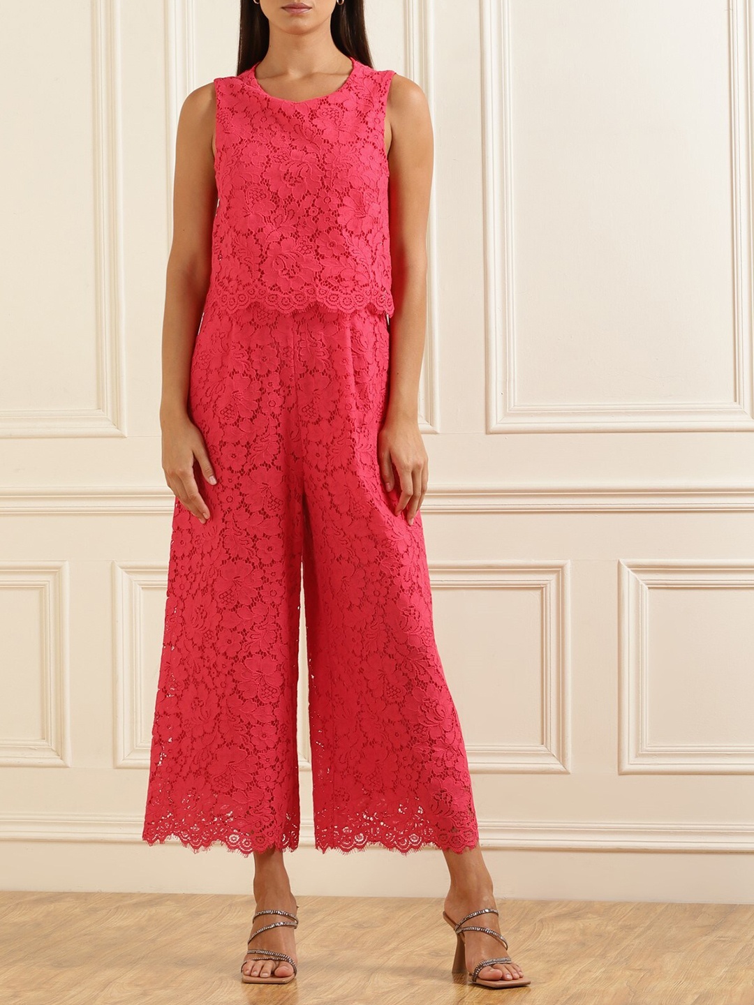 

Phase Eight Floral Self Design Layer Lace Jumpsuit, Red