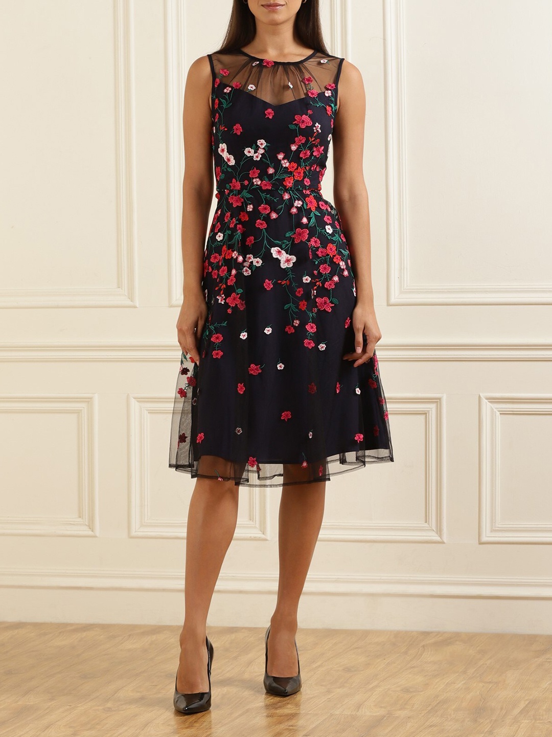

Phase Eight Floral Embroidered A-Line Dress, Navy blue