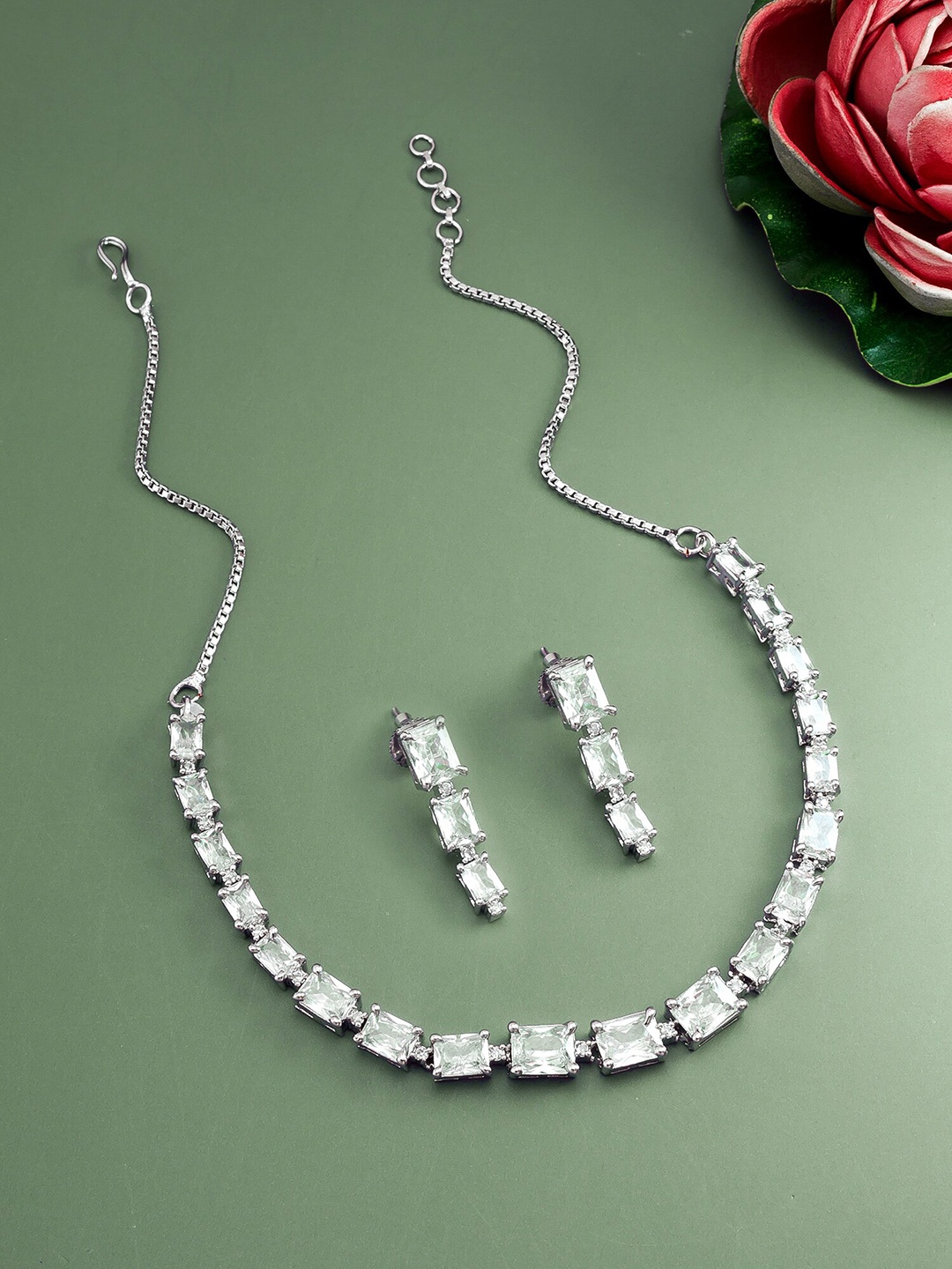 

aadita Stone-Studded Choker Necklace and Earrings Set, Silver