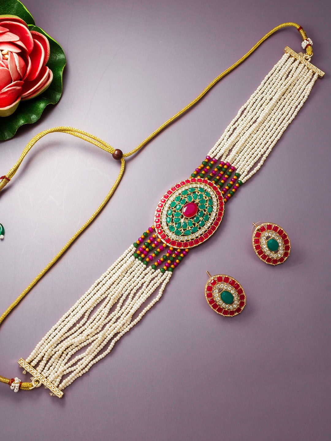 

aadita Gold-Plated Pearl Beaded Choker Jewellery Set