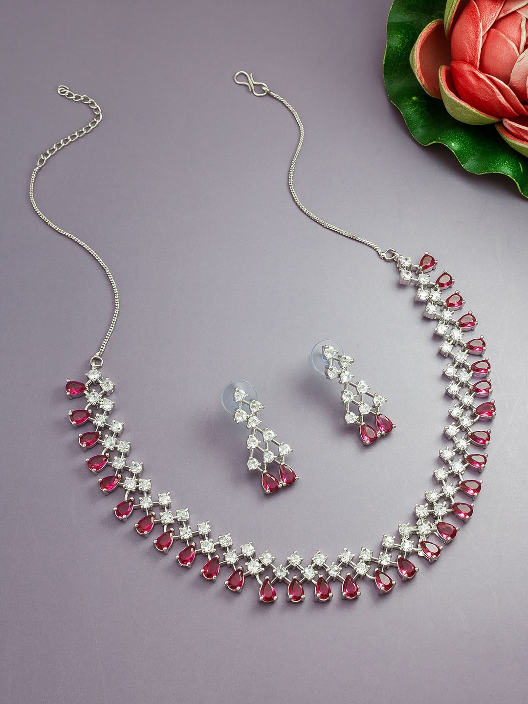 

aadita Silver-Plated Stone Studded Choker Jewellery Set