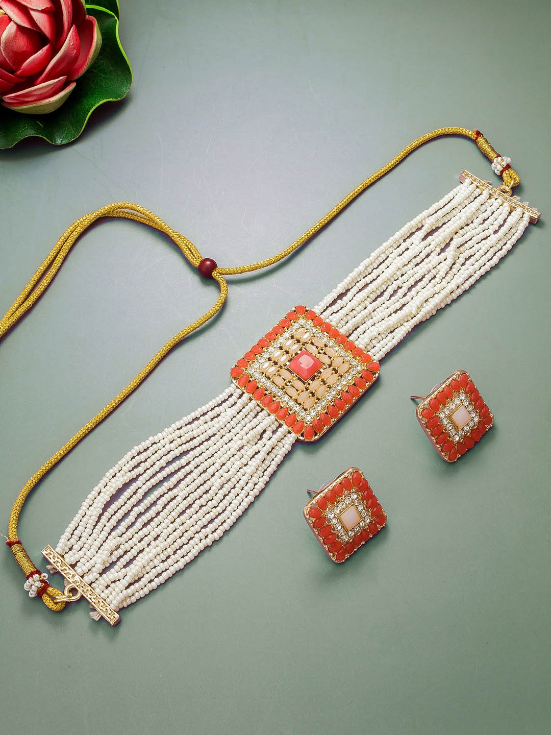 aadita Stone-Studded & Beaded Choker Necklace and Earrings Set, Gold