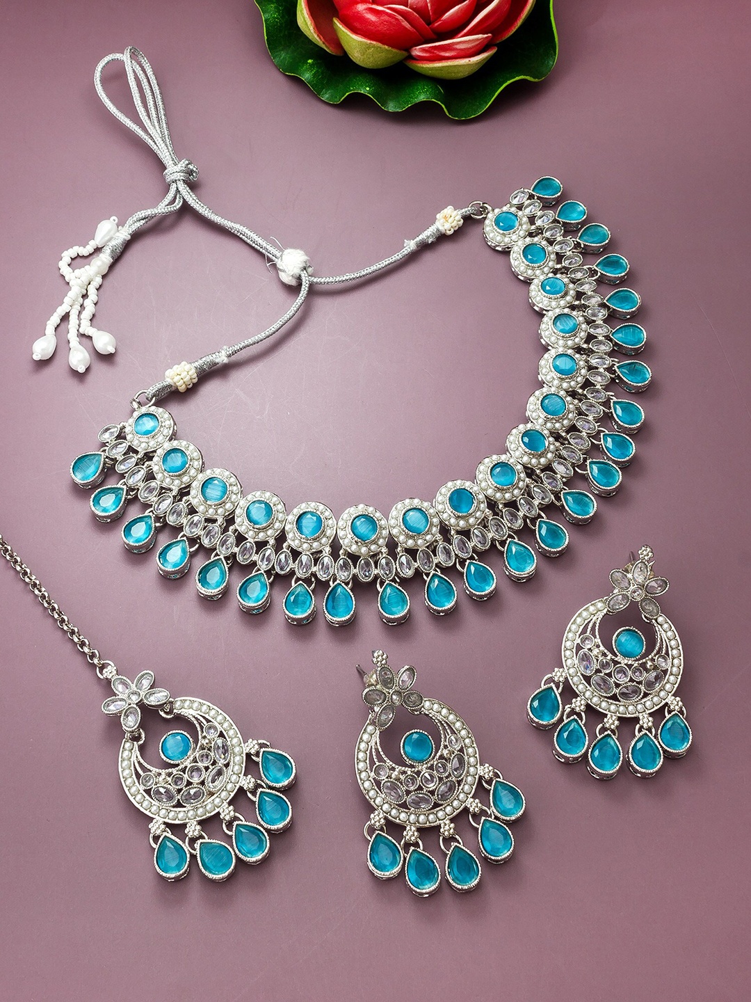 

aadita Silver-Plated Stone-Studded Choker Necklace and Earrings With Maang Tika Set