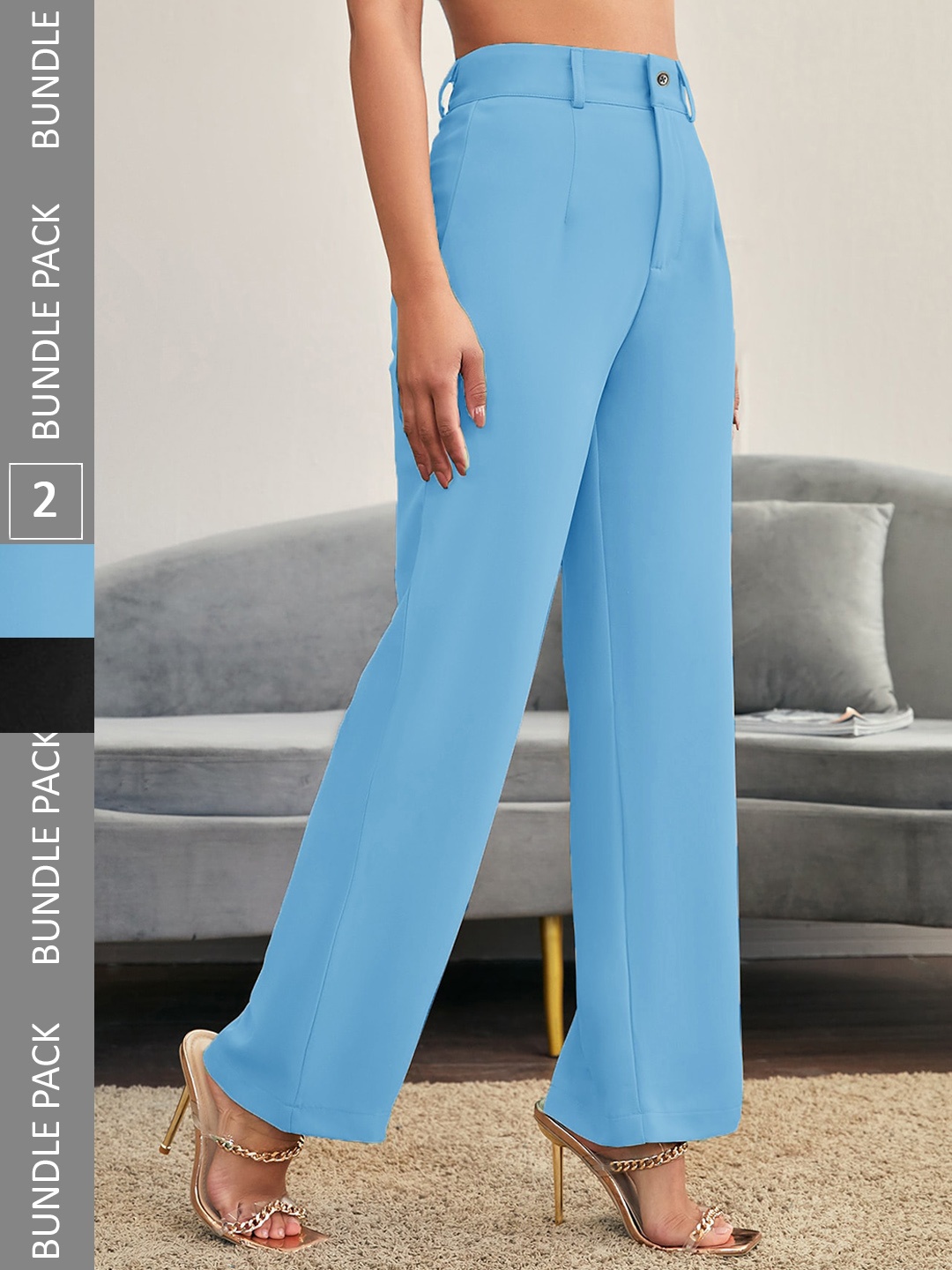 

LEE TEX Women Pack Of 2 Relaxed Straight Leg High-Rise Easy Wash Parallel Trousers, Blue