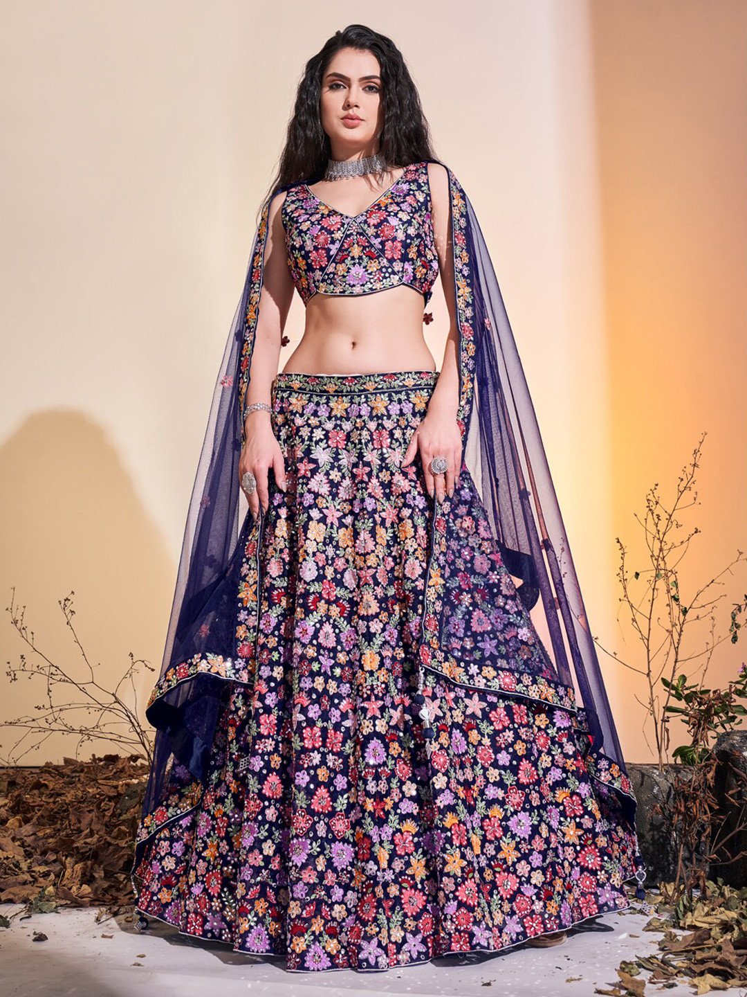 

Fusionic Embroidered Mirror Work Ready to Wear Lehenga & Blouse With Dupatta, Navy blue