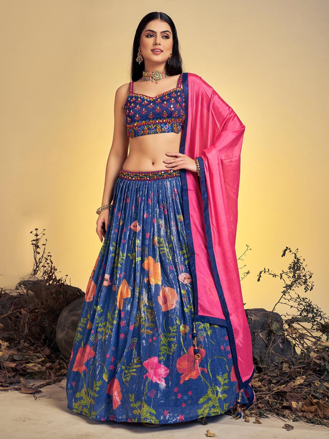 

Fusionic Embroidered Sequinned Ready to Wear Lehenga & Blouse With Dupatta, Navy blue