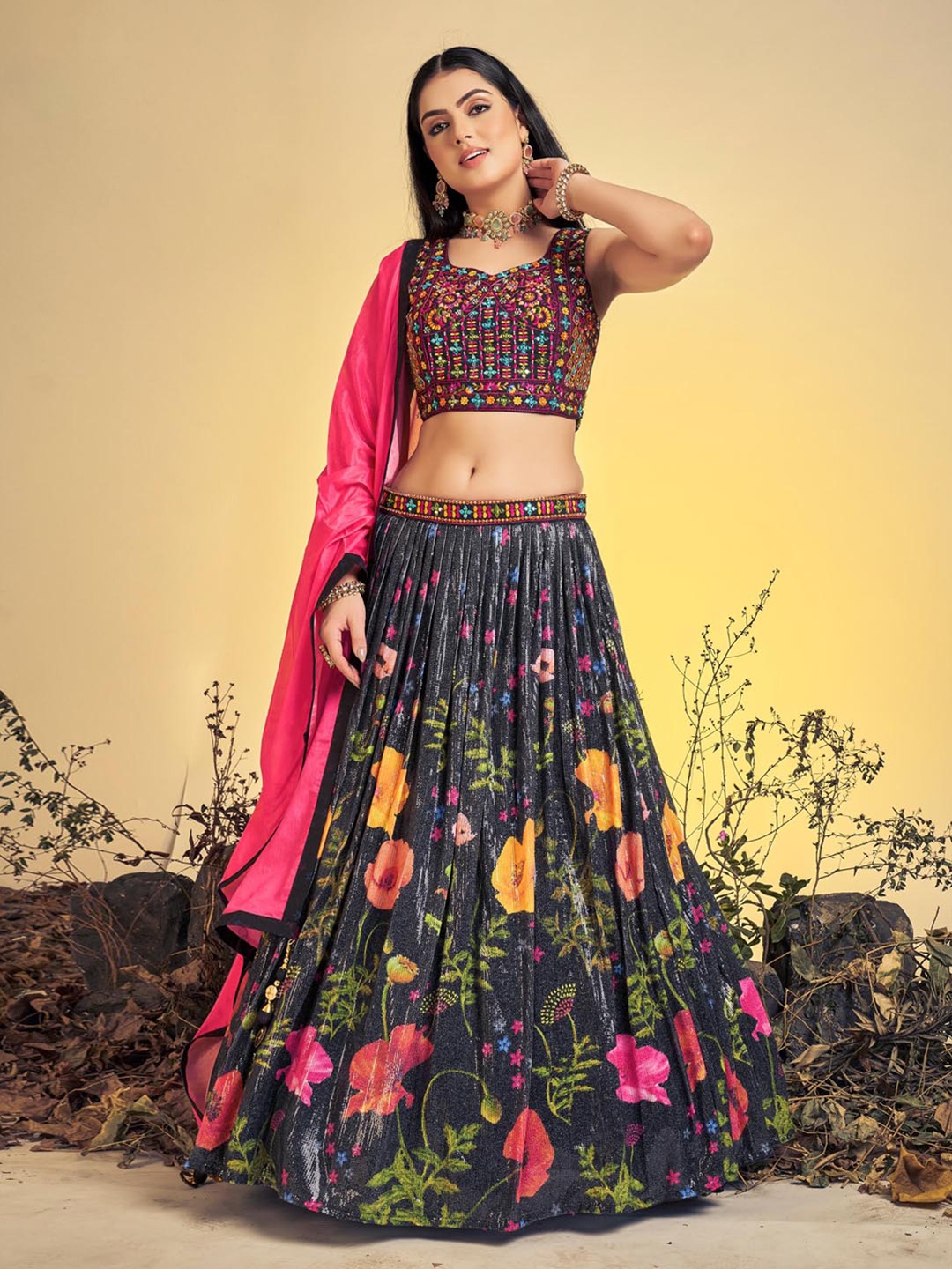 

Fusionic Embroidered Sequinned Ready to Wear Lehenga & Blouse With Dupatta, Black