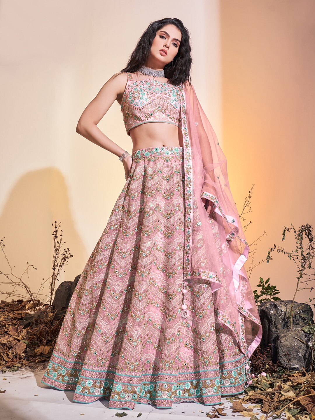 

Fusionic Embroidered Sequined Ready to Wear Lehenga & Blouse With Dupatta, Pink