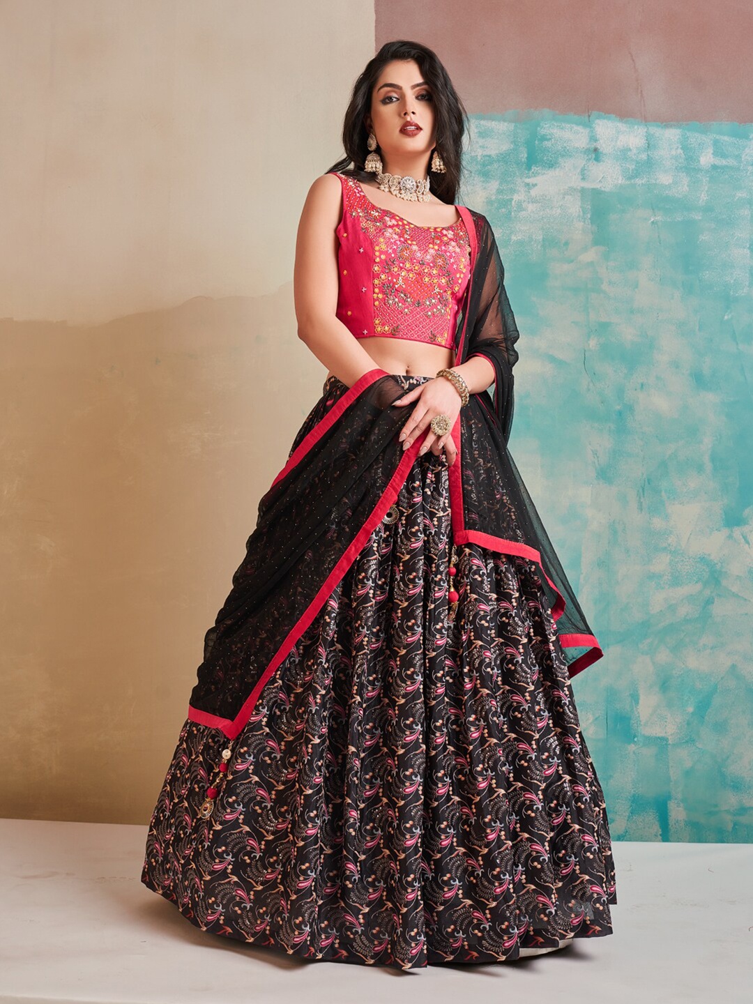 

Fusionic Embroidered Stones Work Ready to Wear Lehenga & Blouse With Dupatta, Black