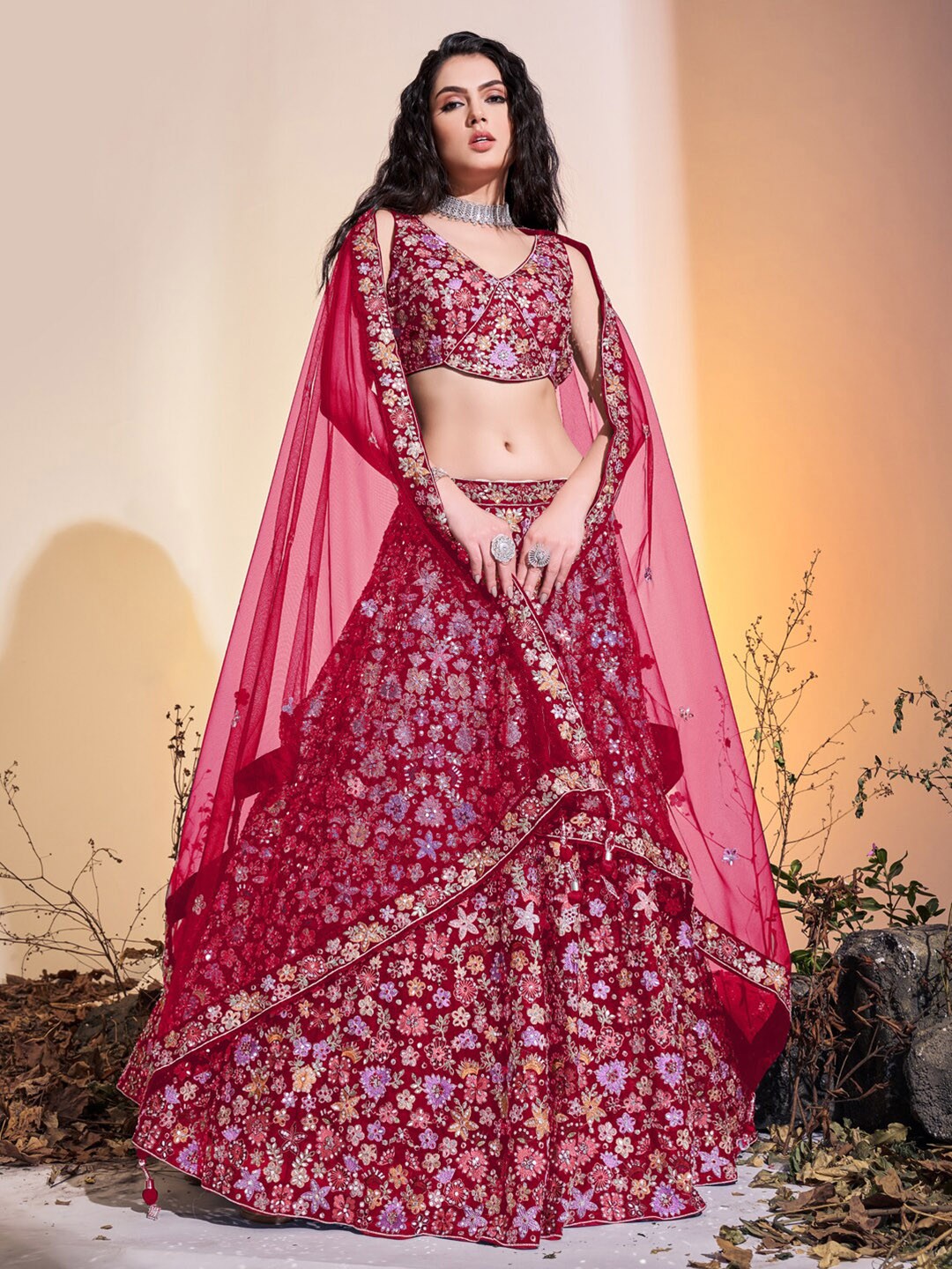 

Fusionic Embroidered Stone Work Ready to Wear Lehenga & Blouse With Dupatta, Pink