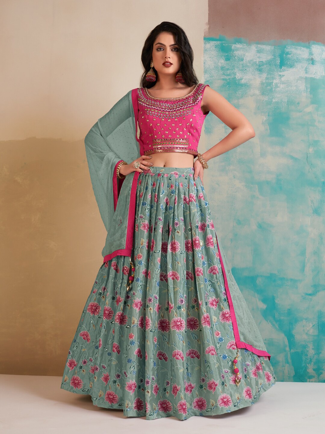 

Fusionic Embroidered Stones Work Ready to Wear Lehenga & Blouse With Dupatta, Blue