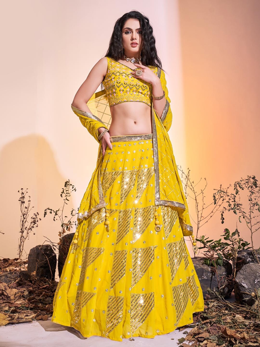 

Fusionic Embroidered Zardozi Ready to Wear Lehenga & Blouse With Dupatta, Yellow