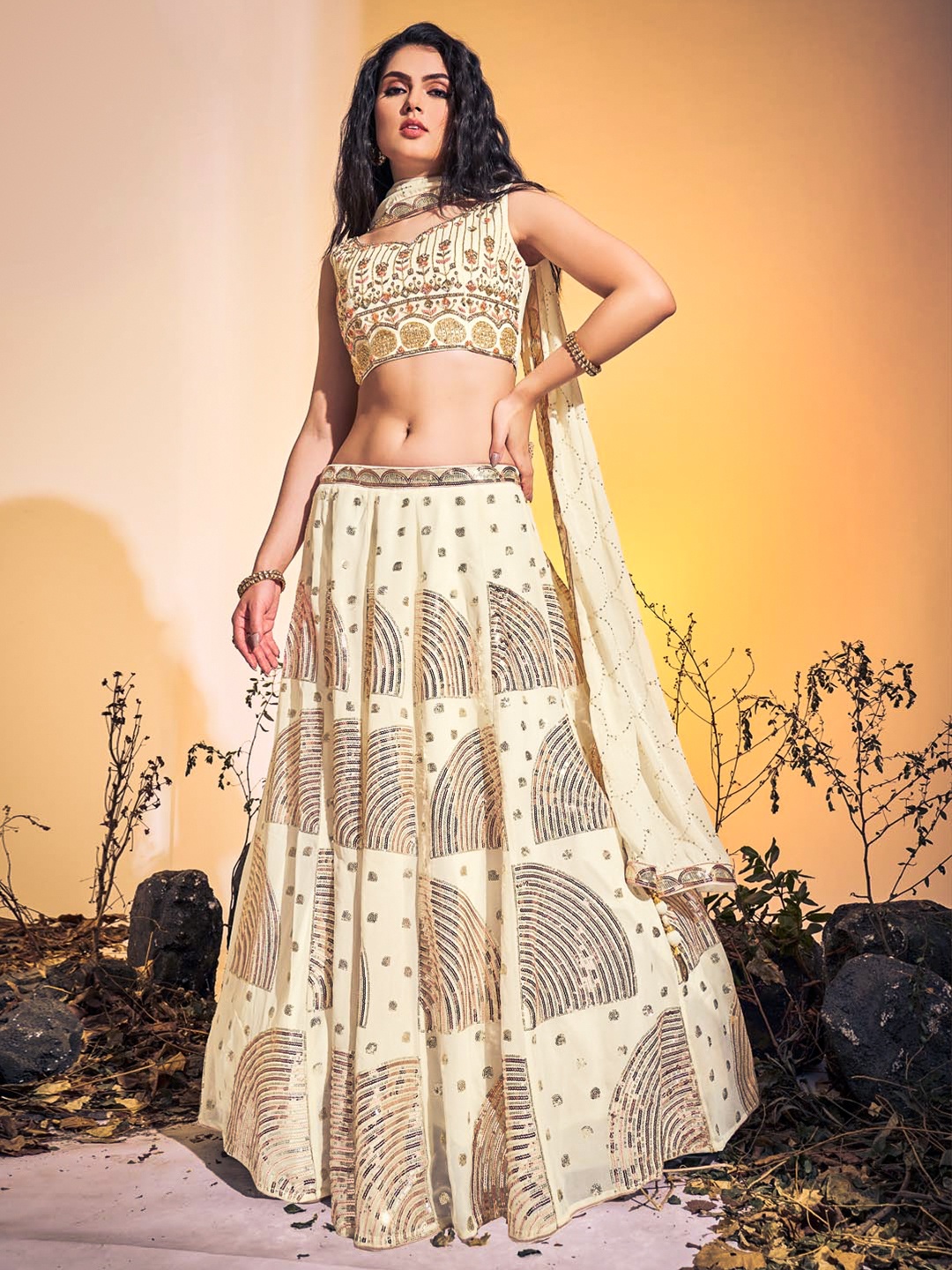 

Fusionic Zardozi Ready to Wear Lehenga & Blouse With Dupatta, Off white