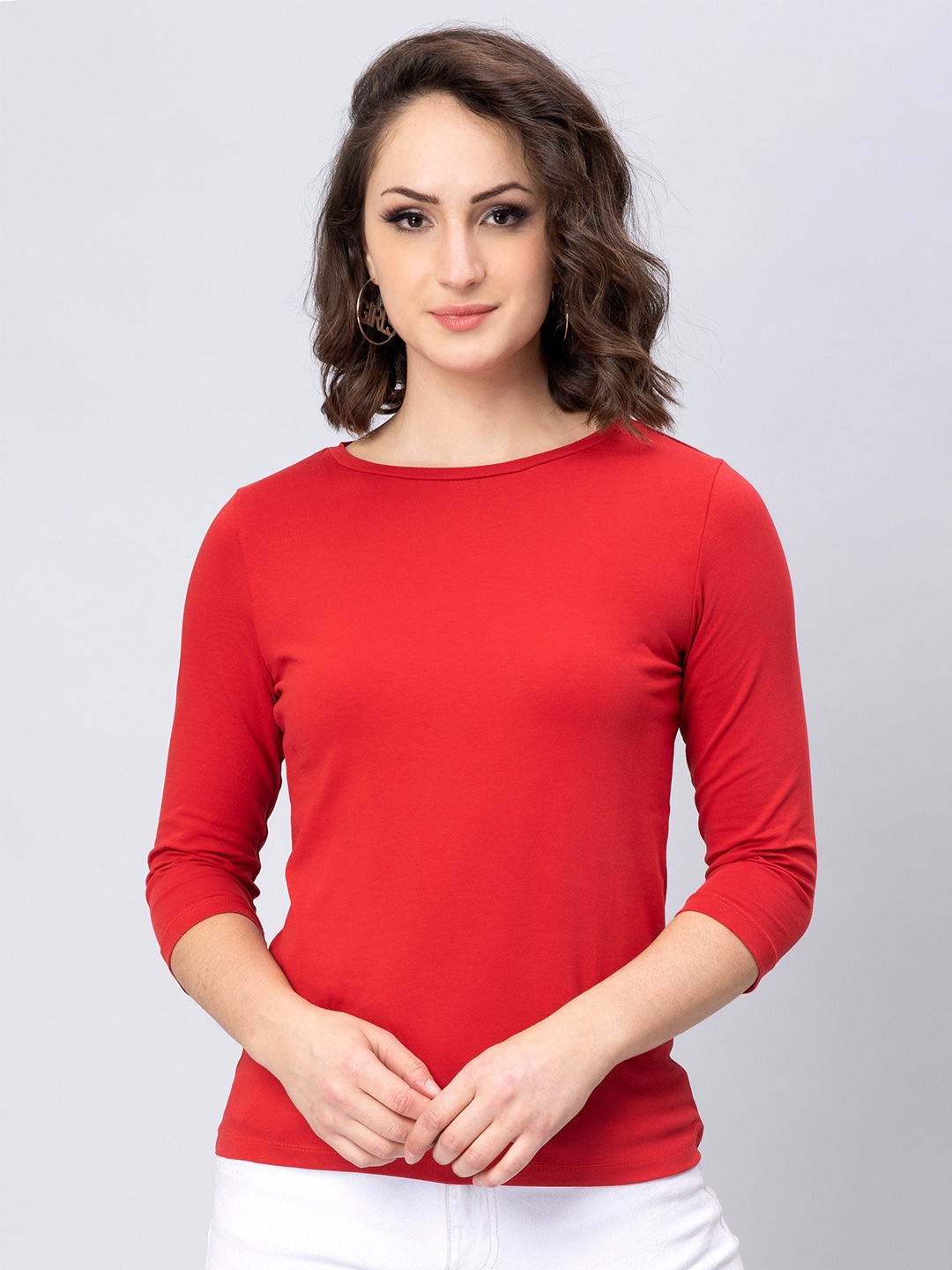 

Nimble Three-Fourth Sleeves Casual Pure Cotton T-shirt, Red