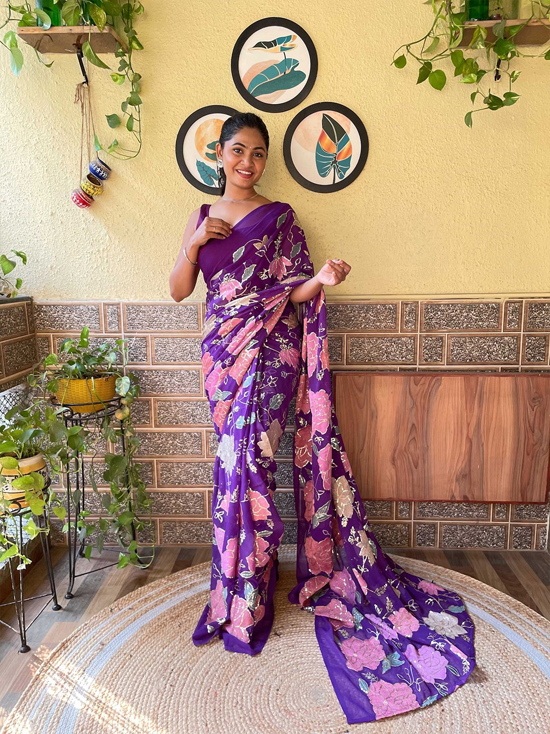 

Mitera Purple & Pink Floral Embellished Sequinned Saree