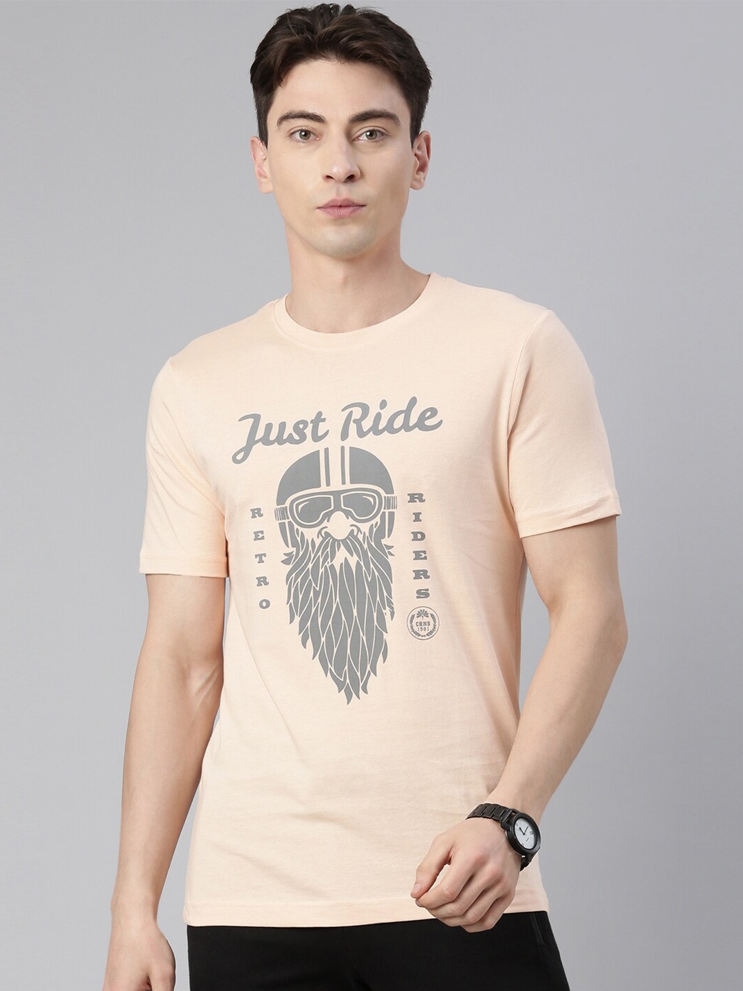 

Chennis Graphic Printed Pure Cotton Slim Fit T-shirt, Peach